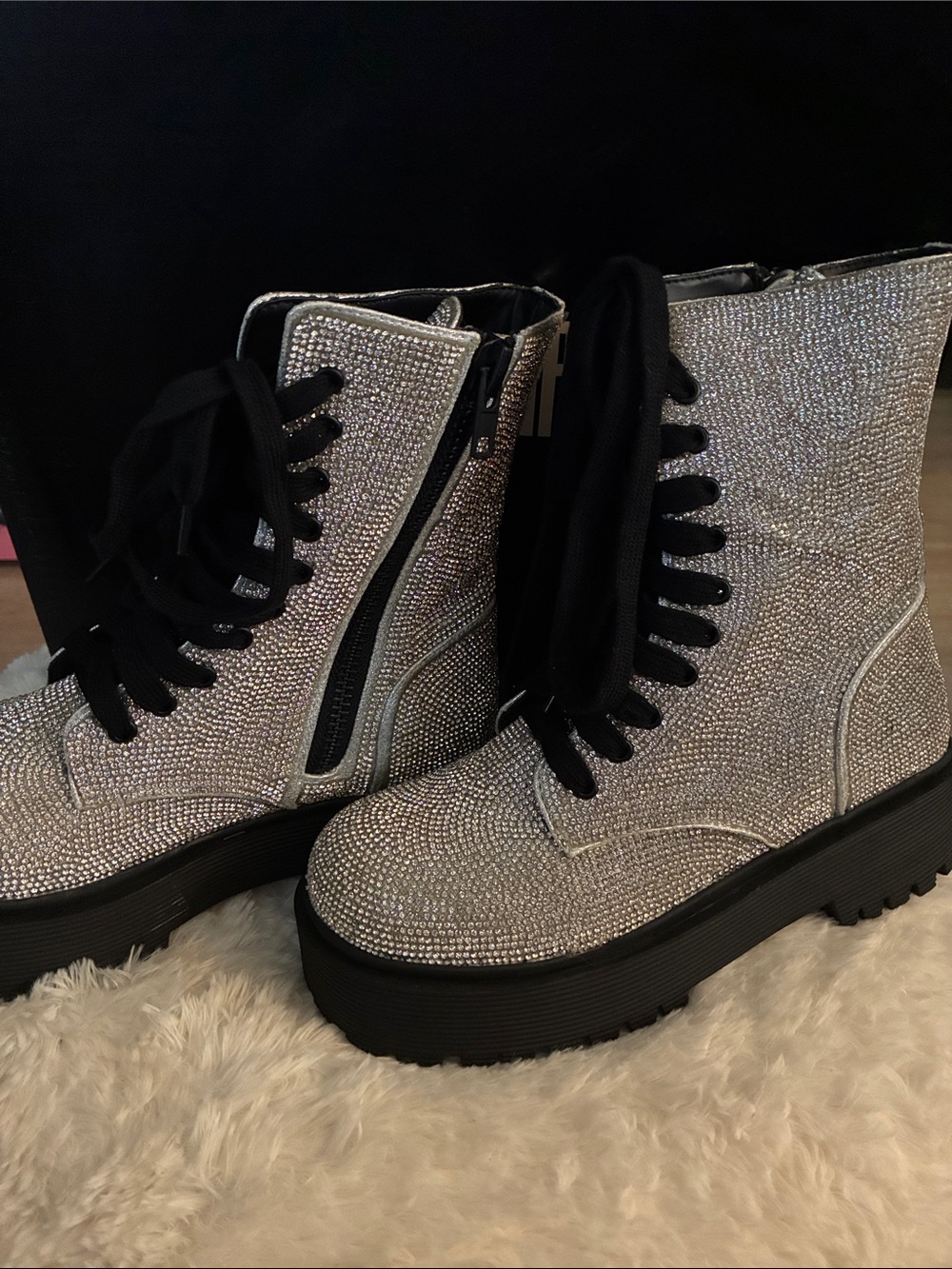 POSTER GIRL Silver Rhinestone Lace-Up Combat Boots with Black Laces